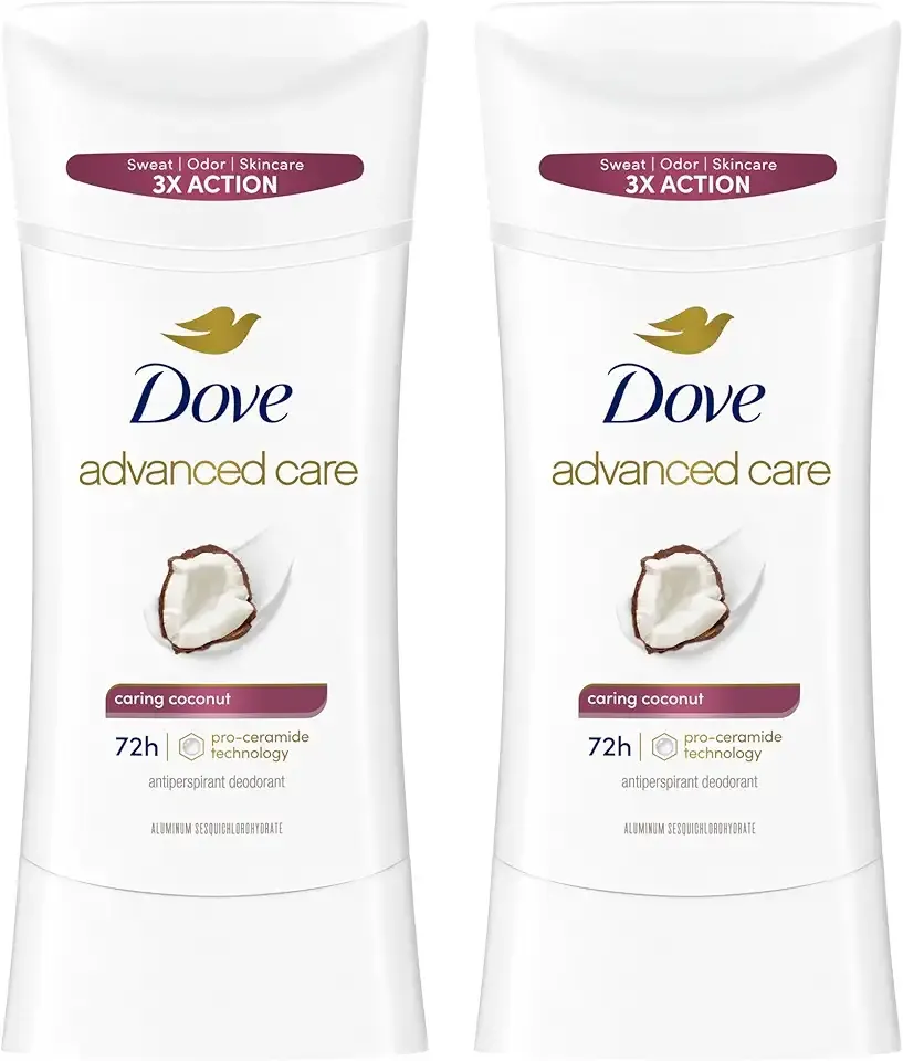 Dove Advanced Care Antiperspirant Caring Coconut, 2 Count Deodorant Stick for Women, for 48 Hour Protection And Soft And Comfortable Underarms, 2.6 oz