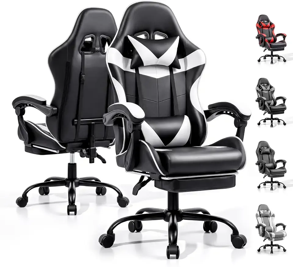 Gaming Chair, Ergonomic Computer Chair with Footrest and Lumbar Support, Height Adjustable Office Chair with 360° Swivel Seat and Headrest (Black & White)