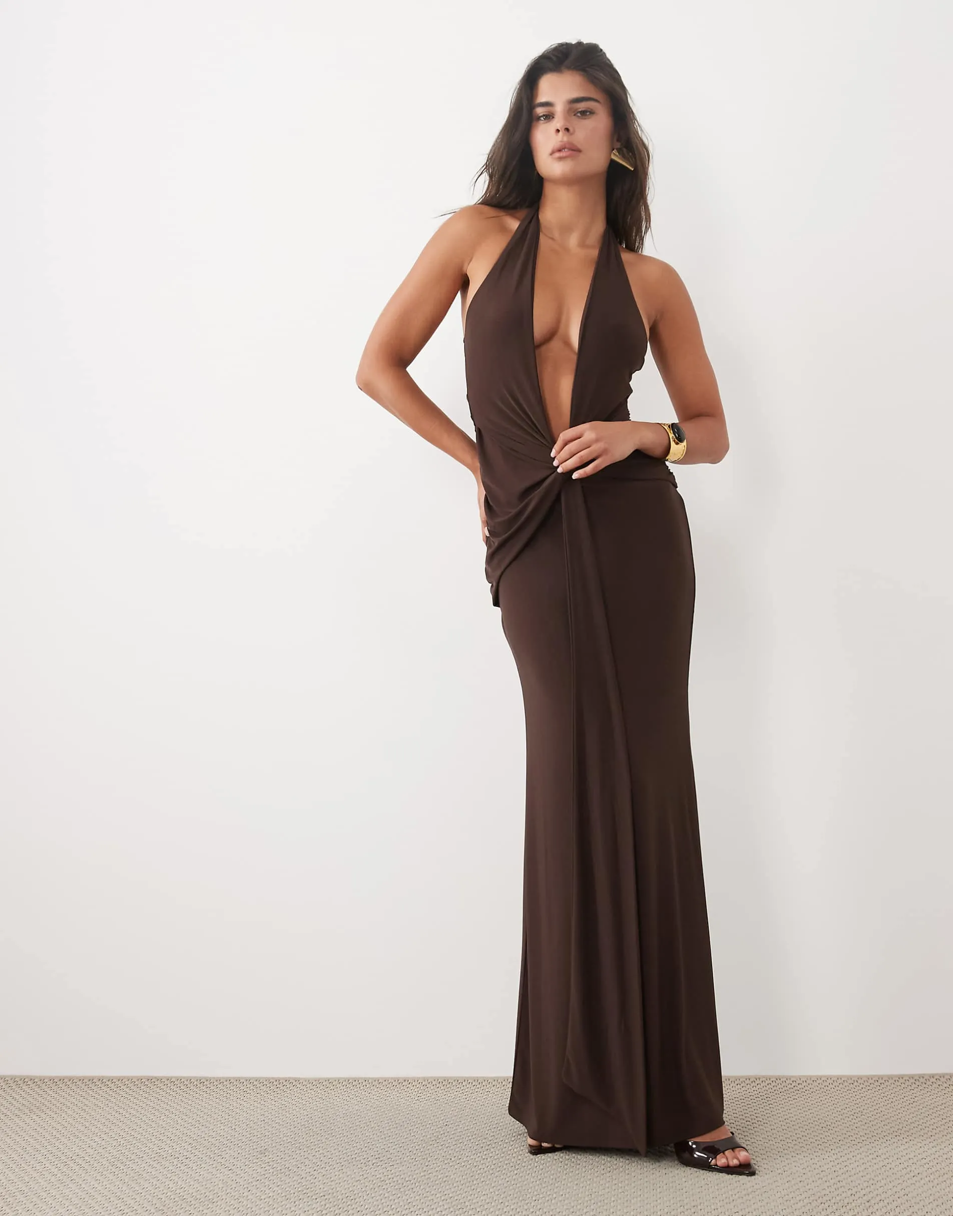 ASOS DESIGN plunge halter neck ruched maxi dress in chocolate