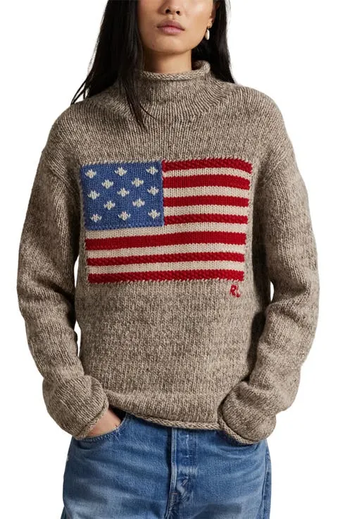 Intarsia Flag Mock Neck Wool Blend Sweater