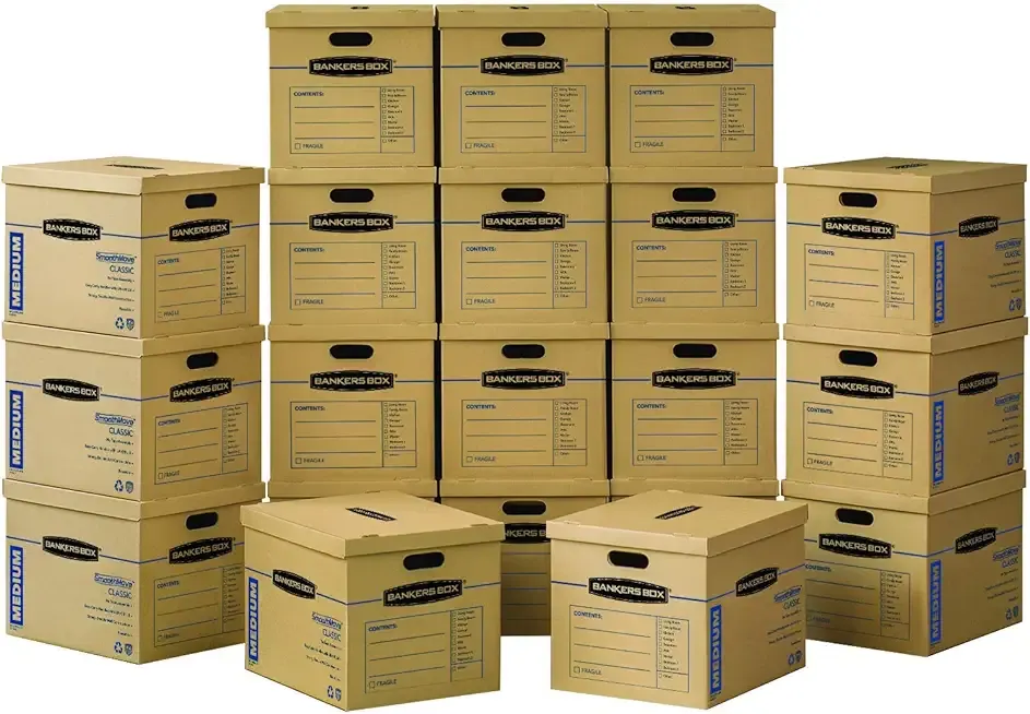 Bankers Box Medium Classic Moving Box 20 Pack, Reinforced Handles, Tape-Free Assembly, Box with Lid, 19" x 14.5" x 15.5", Cardboard