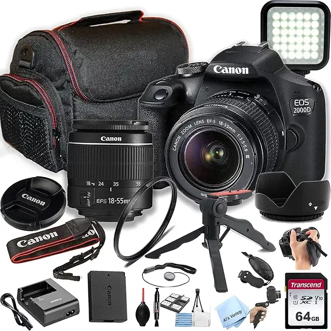 Canon EOS 2000D / Rebel T7 DSLR Camera w/EF-S 18-55mm F/3.5-5.6 Zoom Lens + 64GB Memory, LED Video Light, Case, Gripster Tripod, and More (Essential Bundle) (Renewed)