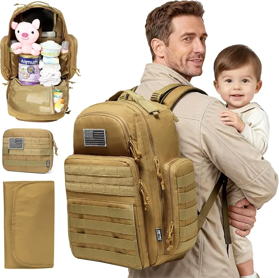 DBTAC Diaper Bag Backpack for Dad, Large Baby Nappy Bag for Men with Changing Mat, Insulated and Wipe Pockets, Stroller Straps, Brown