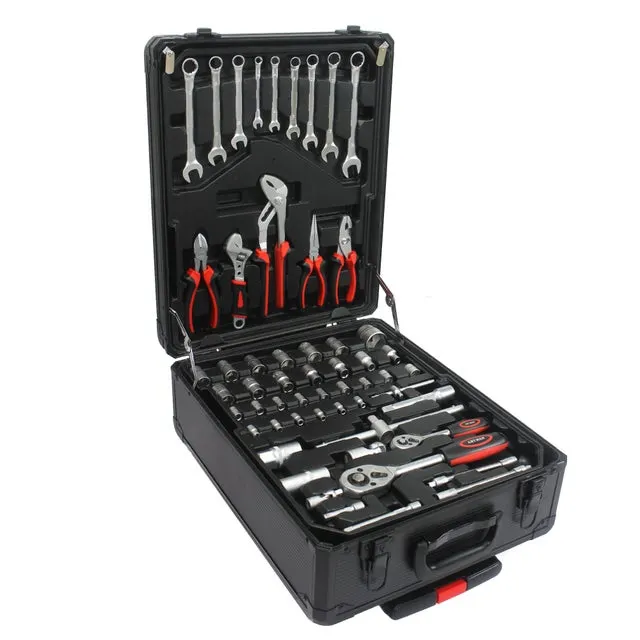 Set utensili fai da te da 899 pezzi con valigetta a 4 cassetti, portautensili con ruote in alluminio e plastica nera per casa, giardino e bricolage