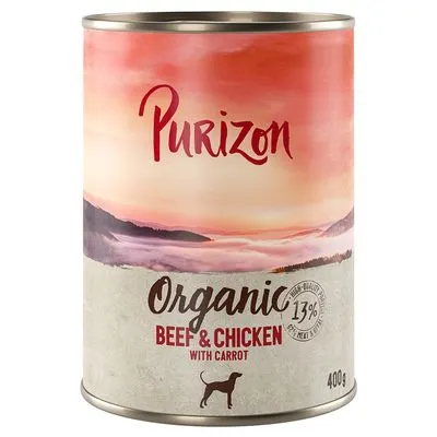 Lot mixte : croquettes, boîtes et friandises Purizon pour chien Boîte à l'unité Purizon Organic bœuf bio, poulet bio (400 g)