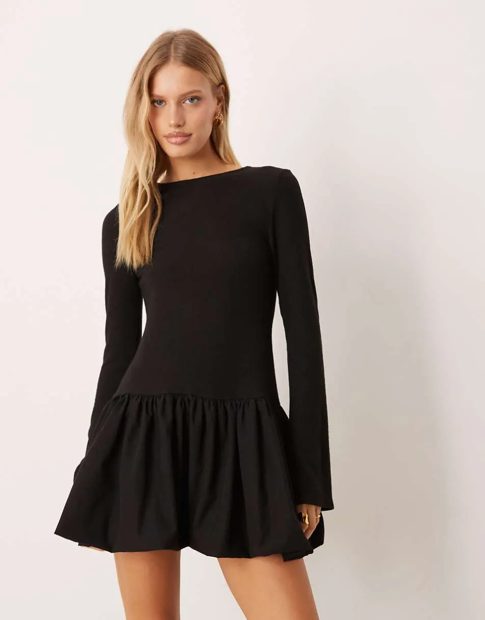ASOS DESIGN supersoft long sleeve bubble hem mini dress in black