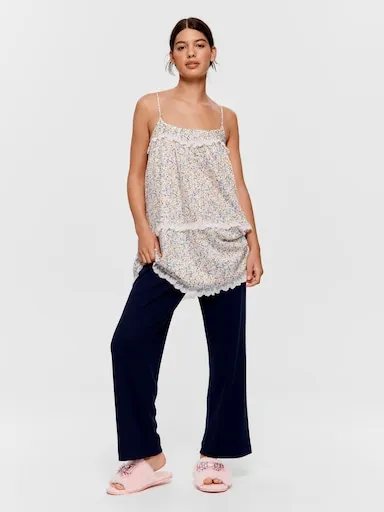 Navy Floral Trim Waffle Straight Leg Pj Pant