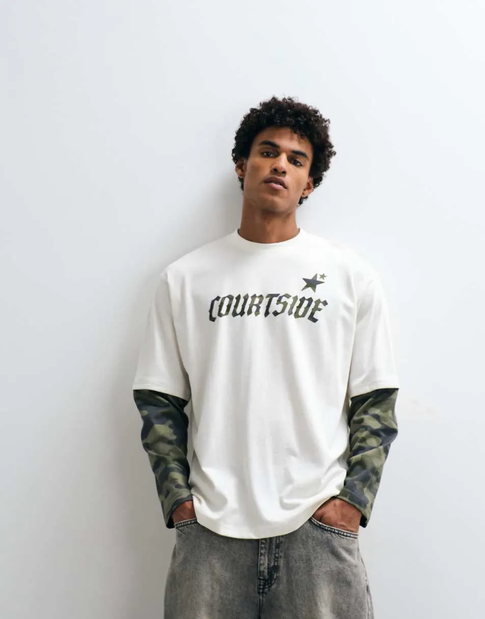Courtside camo printed layered long sleeve t-shirt in ecru