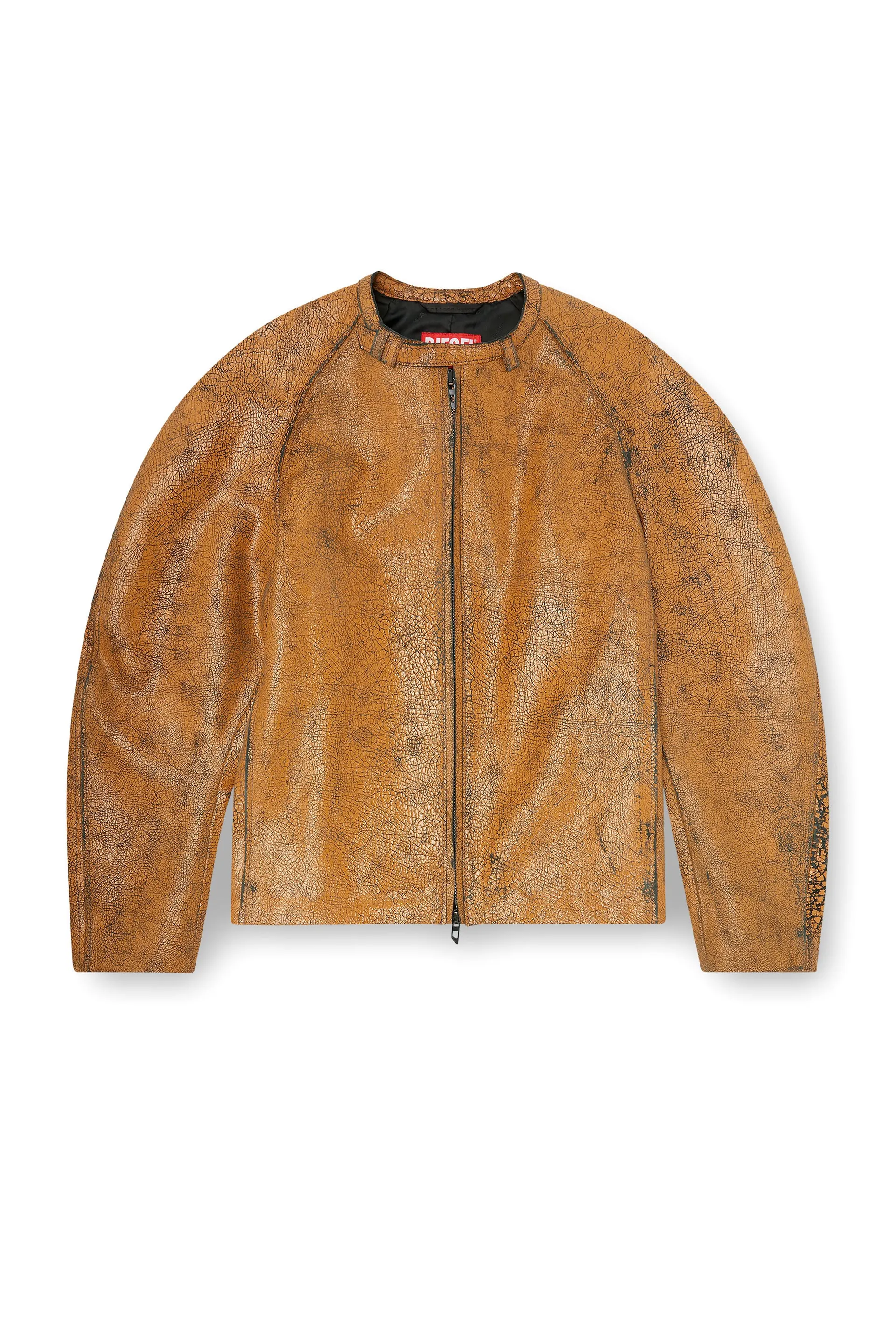 Cocoon-sleeve biker jacket in cracked leather