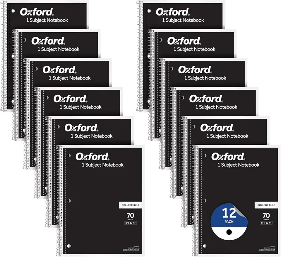 Oxford Spiral Notebook 1-Subject, Bulk College Ruled Spiral Notebooks for School, College Ruled Paper, Black Covers, 70 Perforated Lined Sheets, 8 x 10-1/2 Inches, 12-Pack, Bulk Journals (63744)
