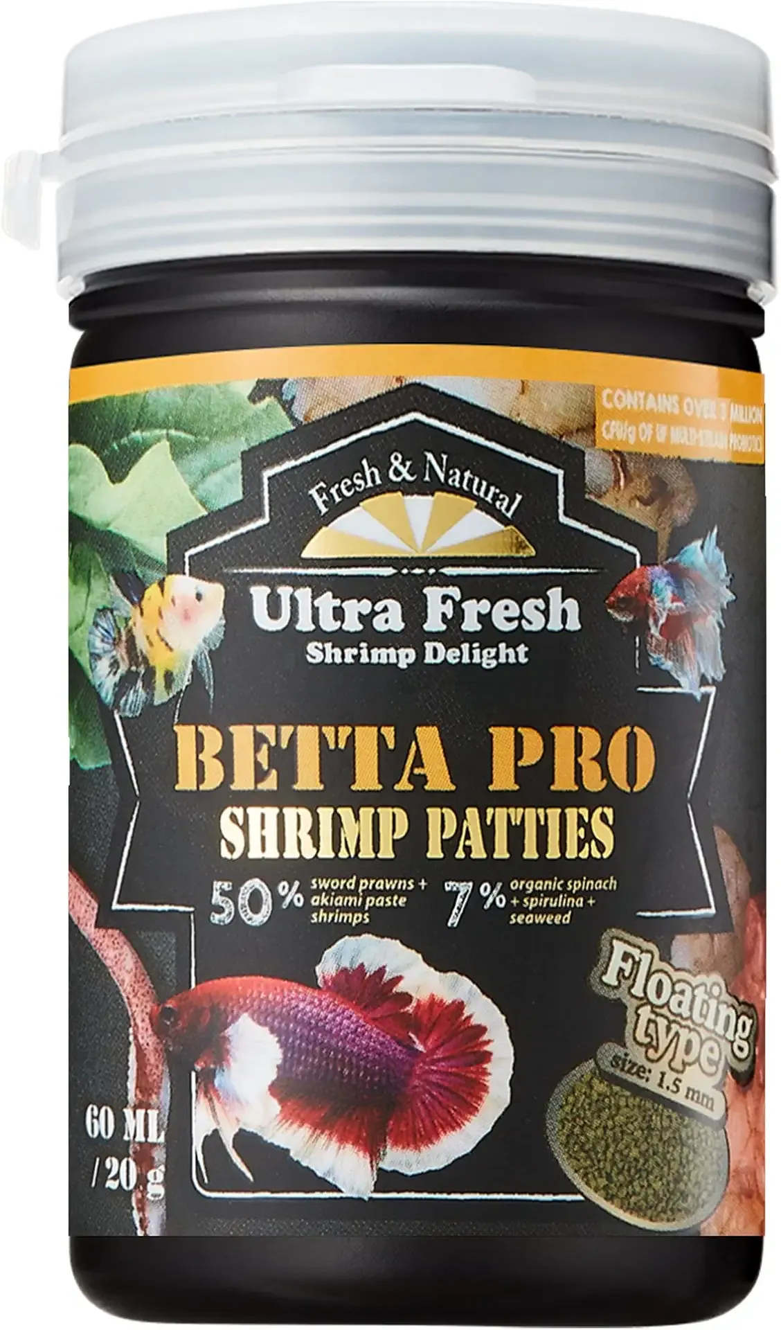 Ultra Fresh Betta Fish Food, Pro Shrimp Patties, 50% Sword Prawns + Akiami Paste Shrimps, All Natural Protein, Rich in Calcium, for Betta's Healthy Development and Cleaner Water, 0.7 oz