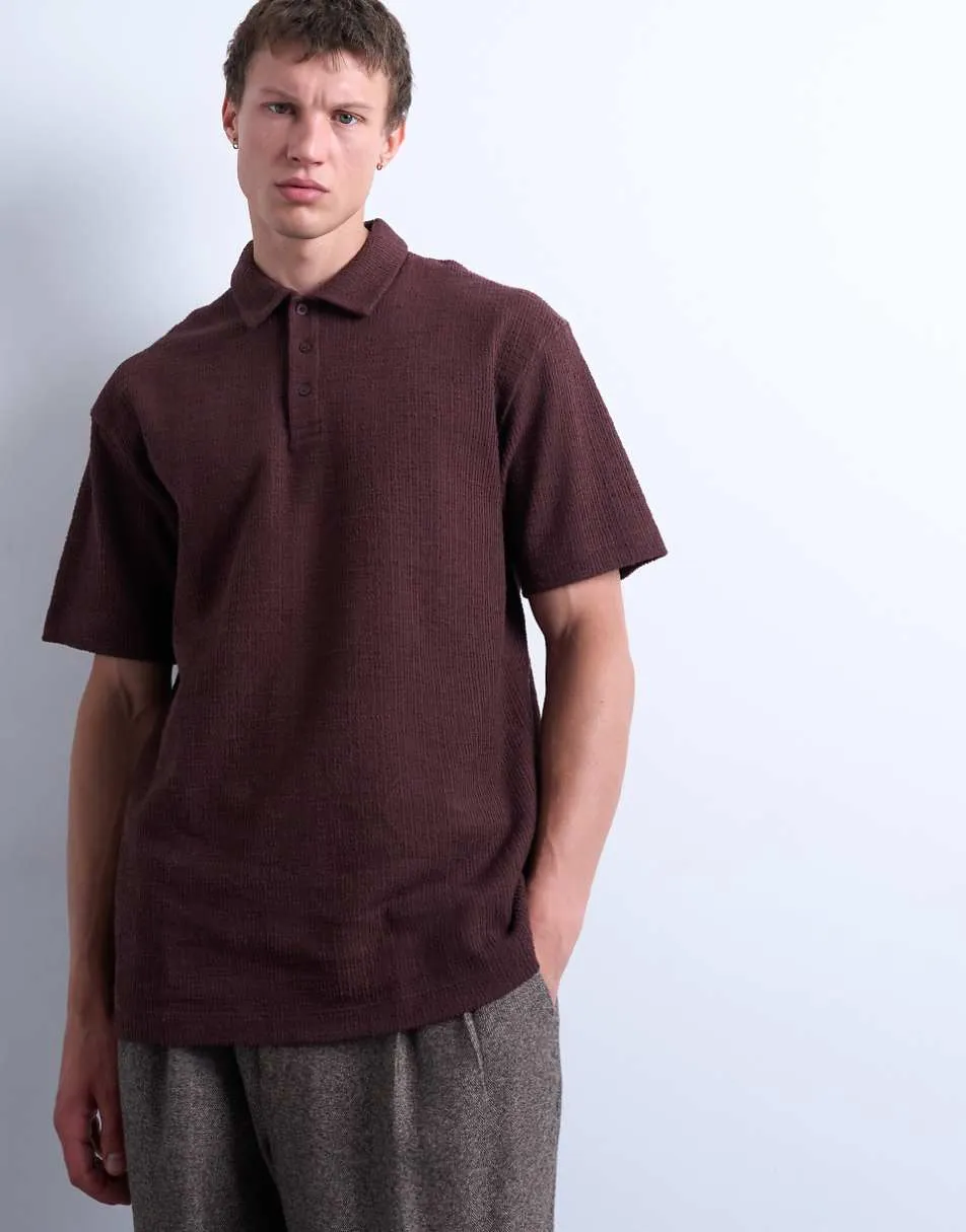 Topman relaxed fit textured interlock polo shirt in brown