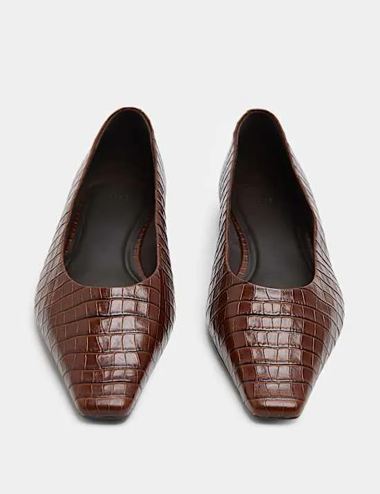 Leather Croc Chisel Toe Flat Pumps