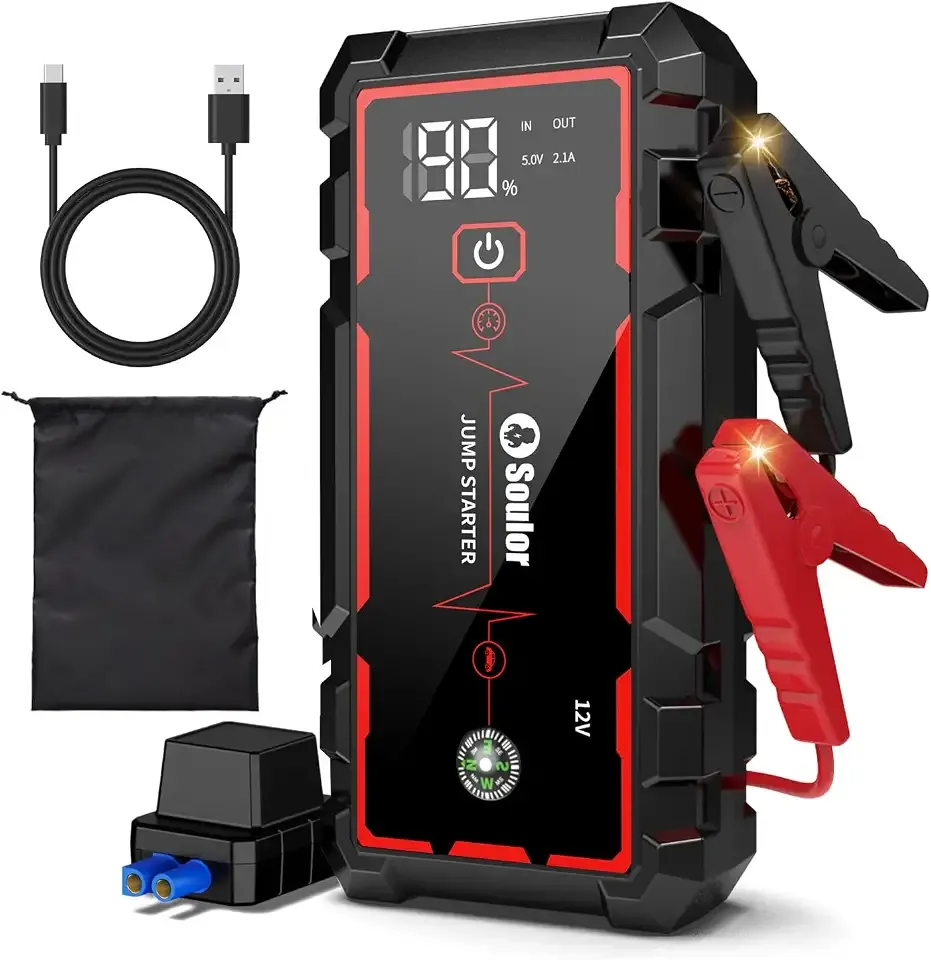 Jump Starter Battery Jumper Starter Portable Jump Box for Car Battery 5000A | Car Battery Jumper (Up To 10.0L Gas And 10.0L Diesel) With Led Display, Led Light, 12V Jumper Cablesand Compass