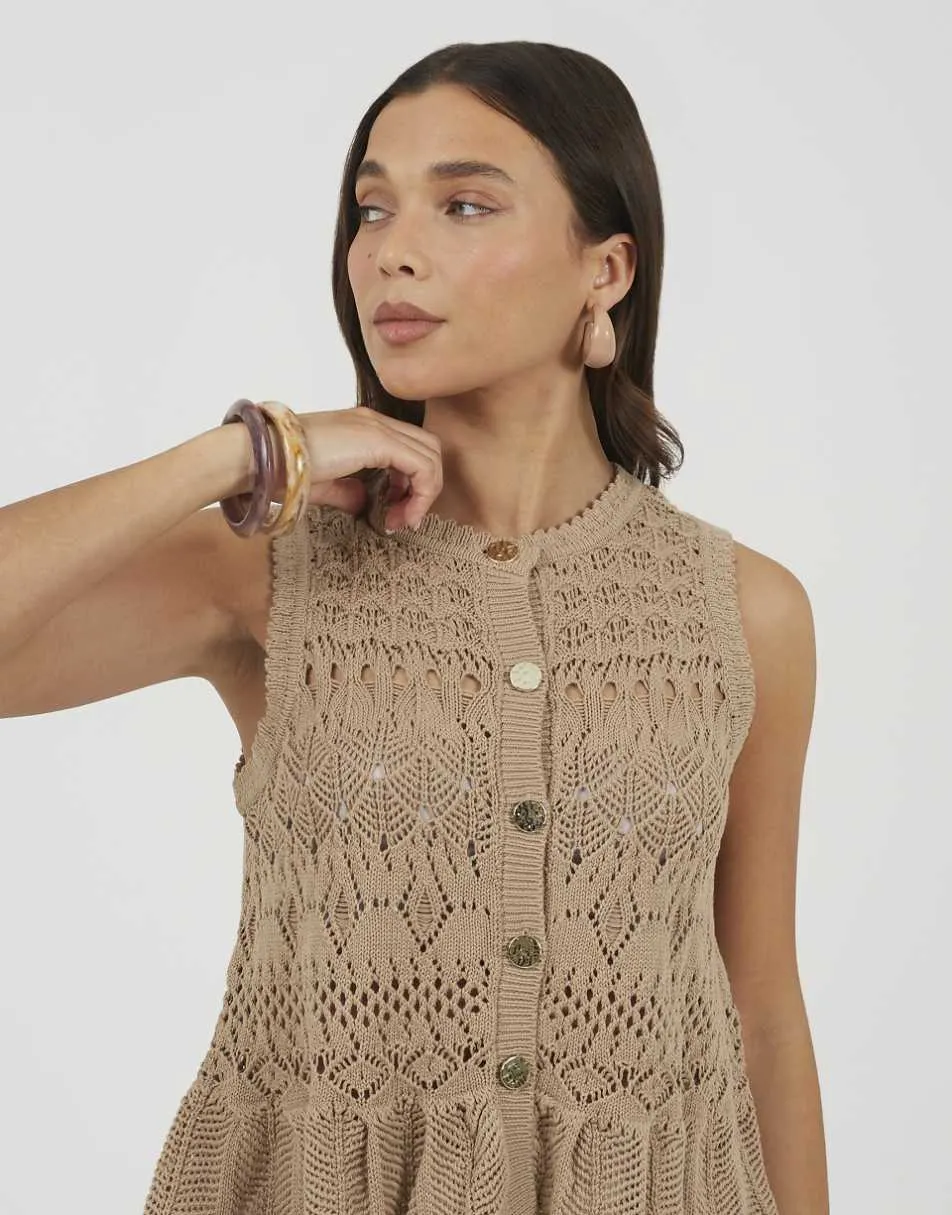 Brave Soul Pointelle knit waistcoat with frill hem in brown