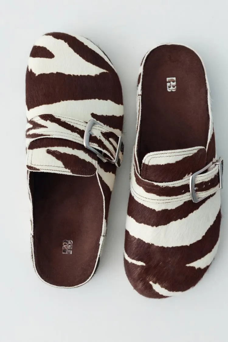 Leather animal print clogs with buckle