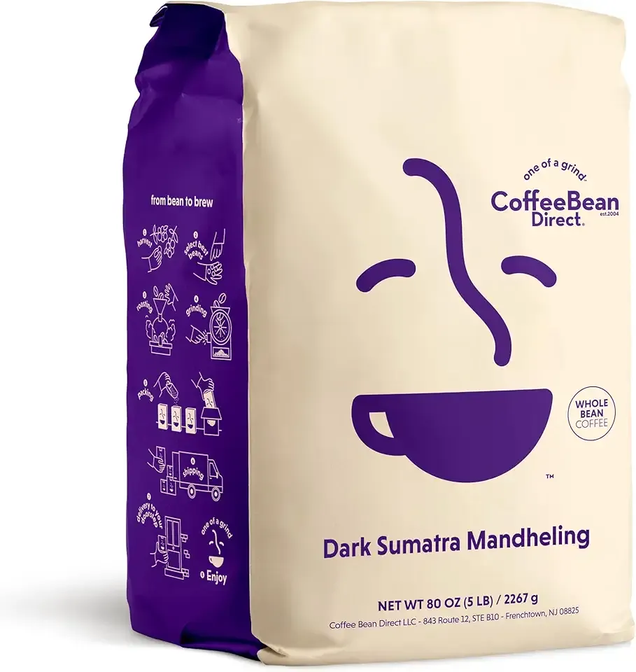 Coffee Bean Direct Dark Sumatra Mandheling, Whole Bean Coffee, Arabica Coffee, Dark Roast, 5 Pound Bag (Pack of 1)