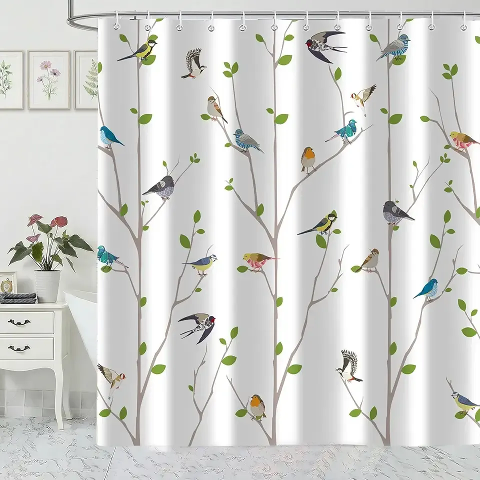 Colorful Bird Shower Curtain, Birds on Tree with Green Leaves Spring Shower Curtains for Bathroom Waterproof Fabric Bath Curtain 72x72 Inch with 12 Hooks