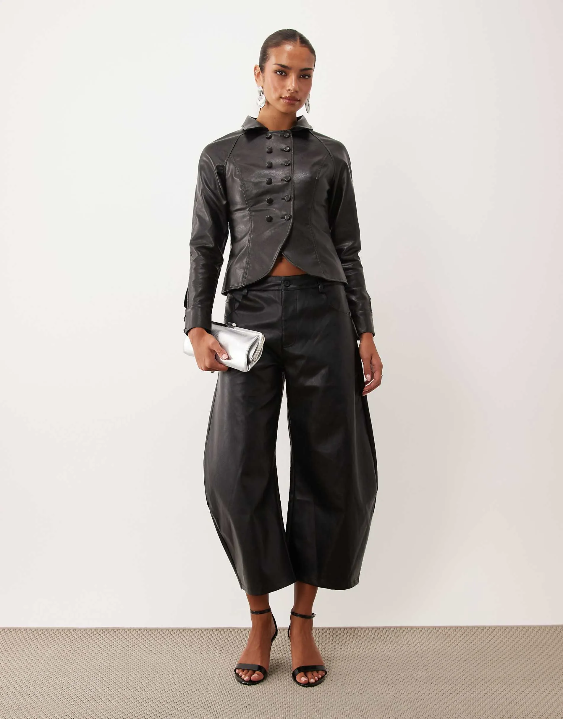Lioness Horseshoe faux leather cropped barrel leg trousers co-ord in black