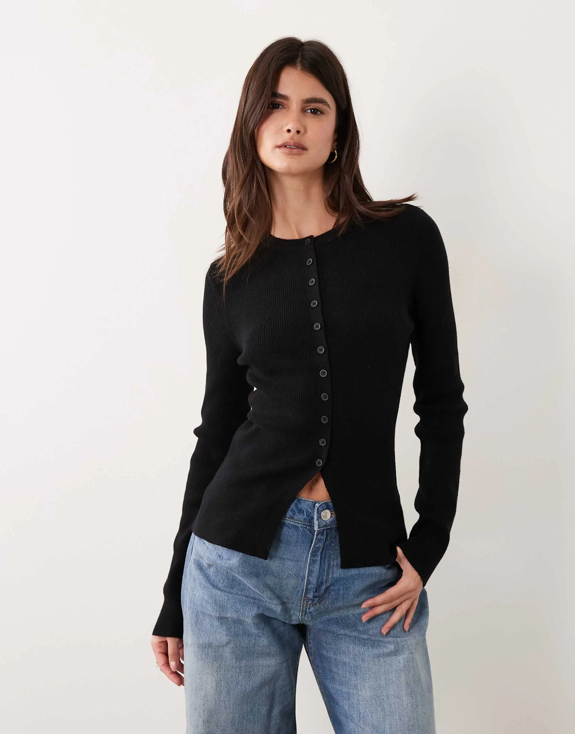 ASOS DESIGN fitted rib knit longline cardigan in black