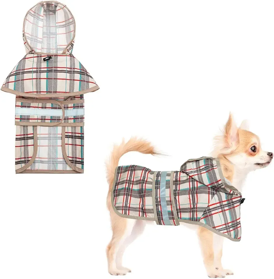 KOOLTAIL Dog Raincoat Hooded Slicker Poncho with Leash Hole, Raincoat for Small Medium Dogs, Waterproof Doggie Rain Jacket with Reflective Strip, Adjustable Breathable Plaid Puppy Rainwear,Beige S