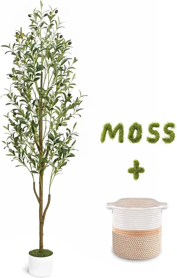 Waipfaru 6FT Artificial Olive Tree Indoor Tall Faux with Planter & Basket | Large Fake Olive Silk Trees Realistic Olive Plants with Branches and Fruits for Office Decor Home Living Room