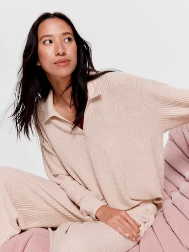 Caramel Brushed Waffle Polo Long Sleeve Top