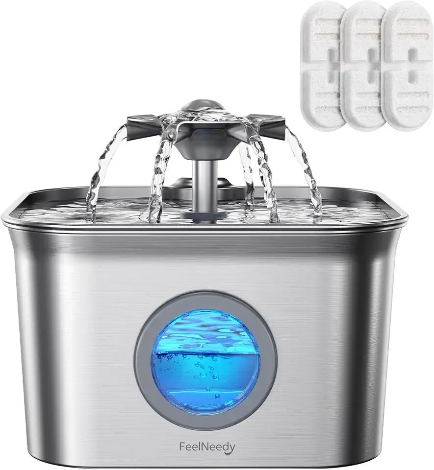 Stainless Steel Cat Water Fountain, 2.8L with 20dB Ultra-Quiet Pump- Ideal for Timid Pets, LED Water Level Window, Dishwasher Safe, 24/7 Circulation- Includes 3 Replacement Filters