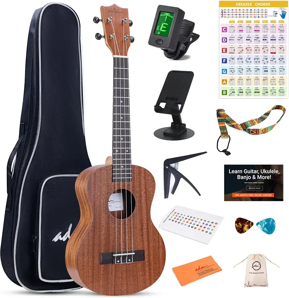ADM Ukulele Beginner Kit Mahogany Hawaiian Wood Ukelele Bundle Ukalalee Set with Uke Free Starter Lessons for kids Students and Adults, Yellow Brown (Khaki, 26 Inch)