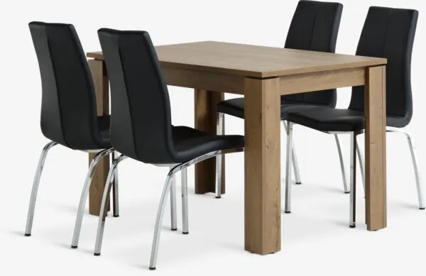 VEDDE L120 tafel wild d. eiken + 4 HAVNDAL stoelen zwart