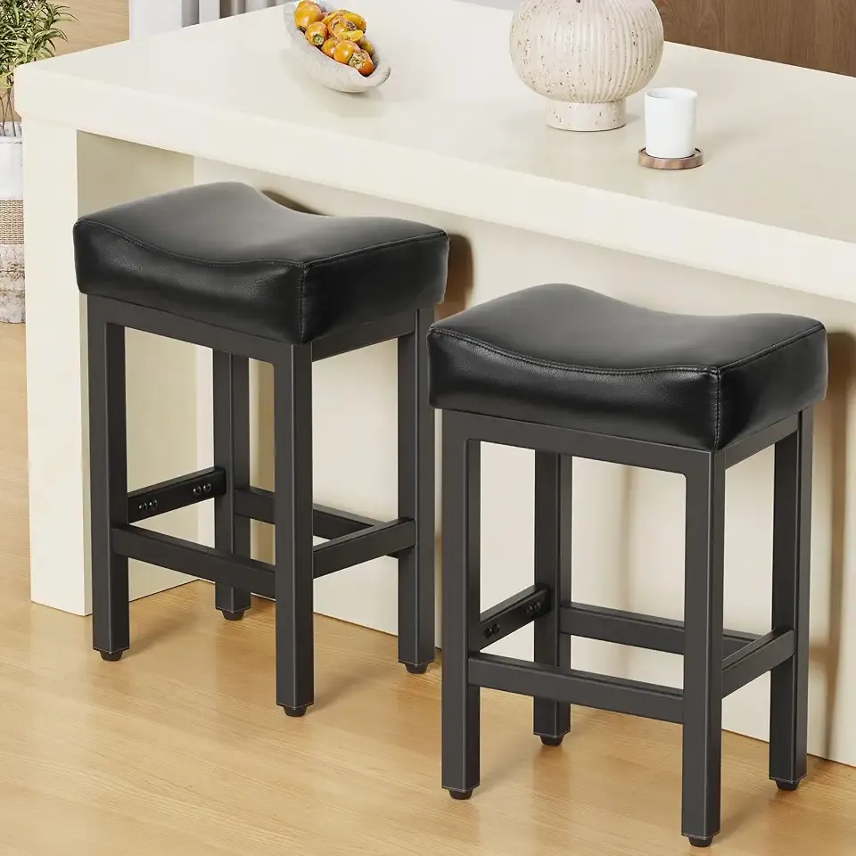 Raynesys 24 Inche Bonded Leather Counter Height Bar Stools Set of 2 Square | Barstools with Thick Bonded Leather Saddle Seats & Heavy Duty Metal Base for Kitchen Counter, Easy Assembly, All Black