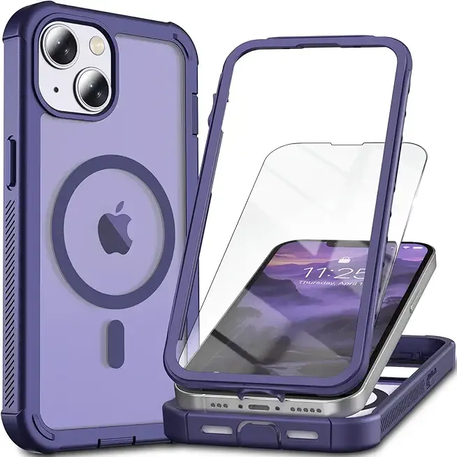 Magnetic for iPhone 13/14 Case,[Screen Protector] [Compatible with MagSafe][Military Grade Drop Protection][Heavy Duty Protection][Shockproof] 2-Layer Durable Bumper Phone Case 6.1"-Purple