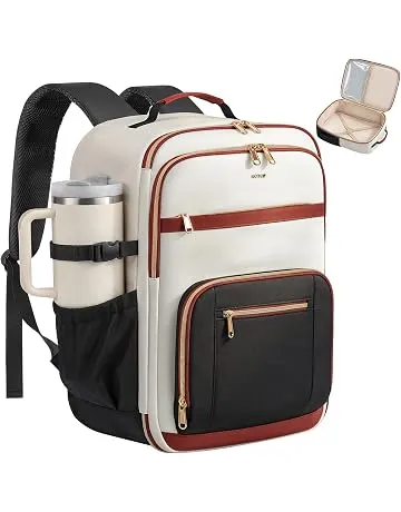 HOTOR Travel Backpack Women Flight Approved Essentials 13"x7.9"x17.3" | Carry On Backpack, Personal Item Travel Bag, 15.6 Inch Laptop Computer Bag, Waterproof Pocket, Black-Beige