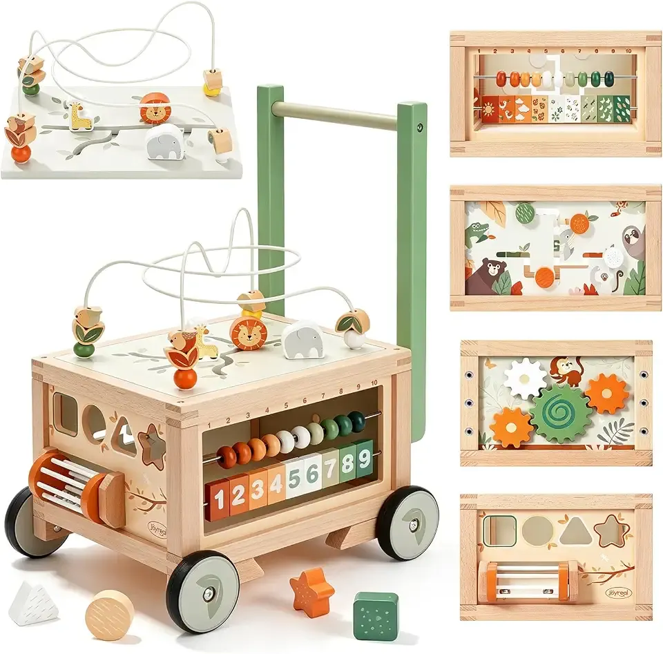 Joyreal Wooden Baby Walker - 9-in-1 Push Walker with Activity Cube | Activity Center with Shape Sorter, Gears, Sit-to-Stand Learning Walker, Adjustable Speed & Height, Gift for boys & girls