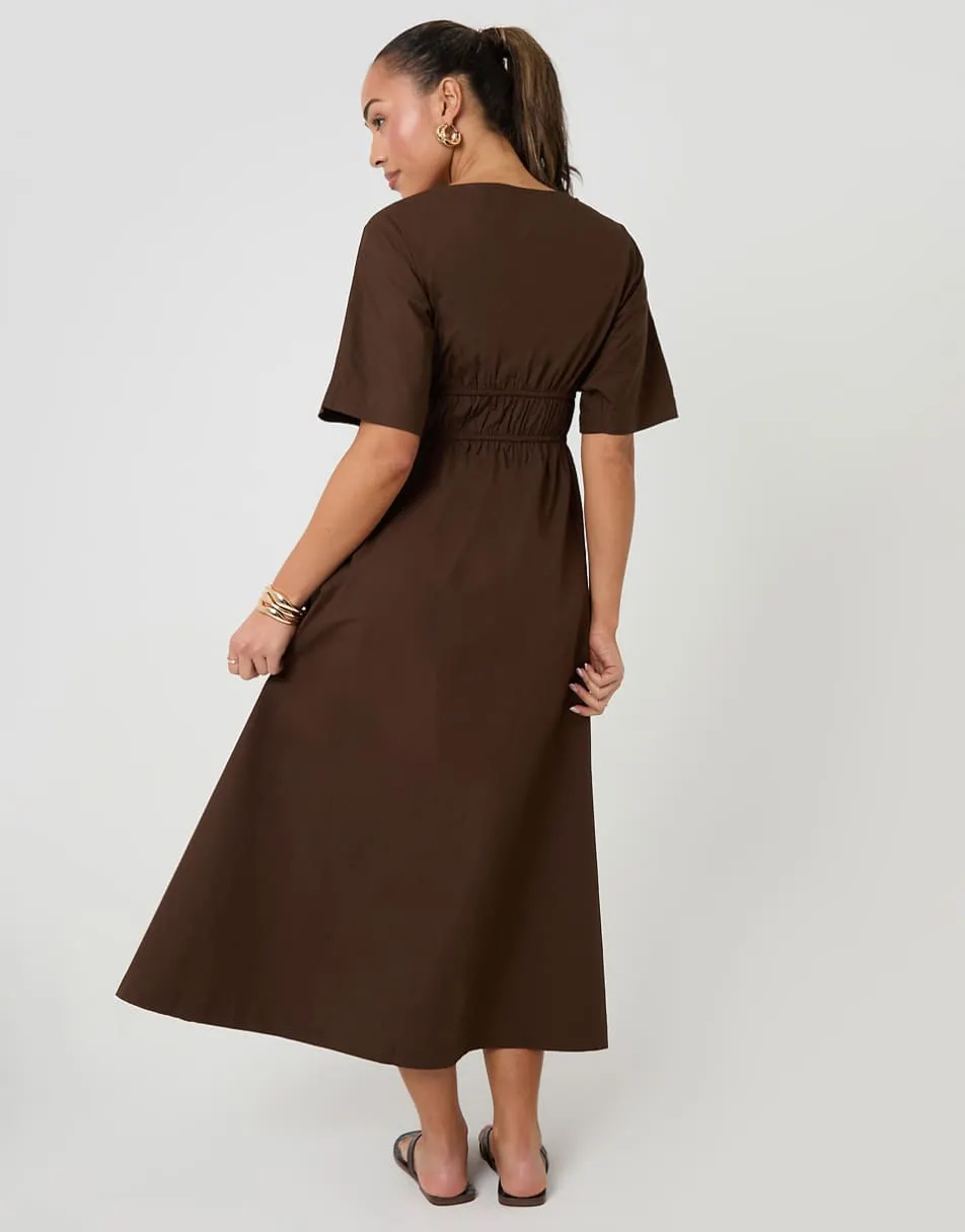 Threadbare Elasticated waist cotton poplin midi dress in chocolate