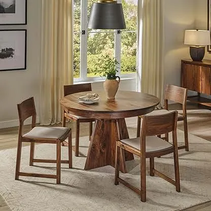 Stickley Saranac 46in Round Dining Table, Solid Rustic Walnut, Sustainable Construction, 16in Butterfly Leaf Inside, Seats 4 Closed, Seats 6 Open, Pedestal Base, 46in Dia. x 30in H, Made in USA Stickley Saranac 46in Round Dining Table, Solid Rustic Wa…
