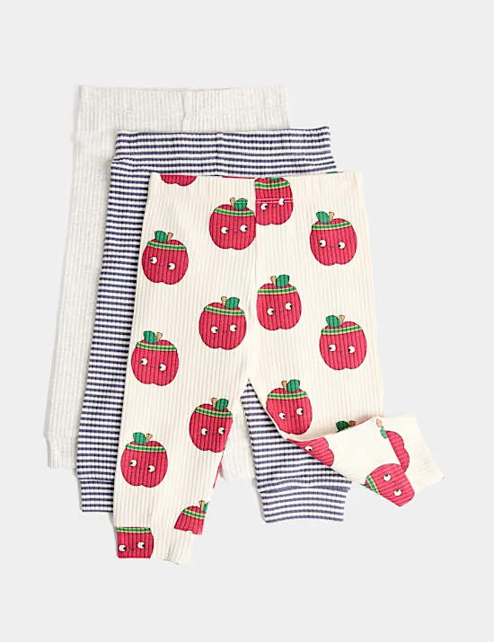 3er-Pack Leggings mit hohem Baumwollanteil und Apfelmuster (0–4 Jahre)