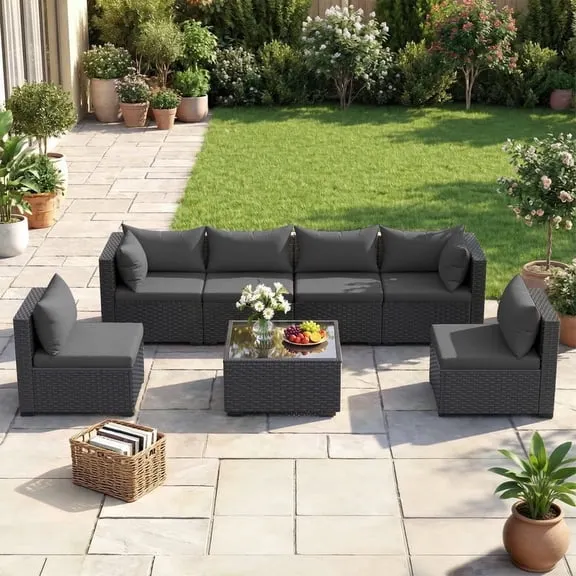 ELPOSUN 7 Pieces Patio Furniture Set, Outdoor Furniture Sectional Rattan Sofa for Backyard Garden Dark Grey $339.99 Was $569.84