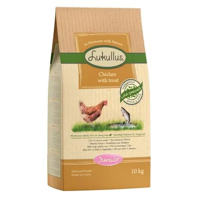 Lot de croquettes Lukullus Junior poulet, truite (2 x 10 kg)