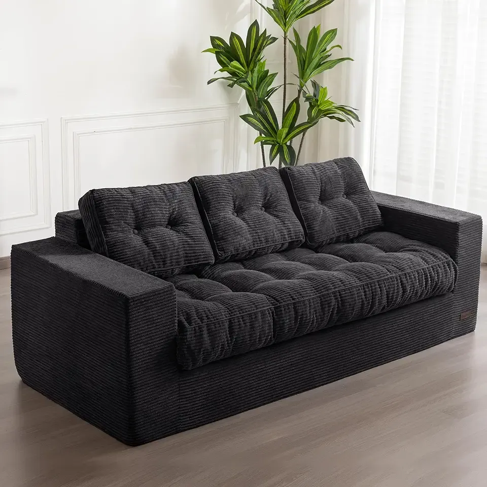 MAXYOYO 3 Seater Couch for Living Room, Boneless Couch with Tufted Cushion & Backrest, Upholstered Floor Sofa, Sofa in A Box, Black