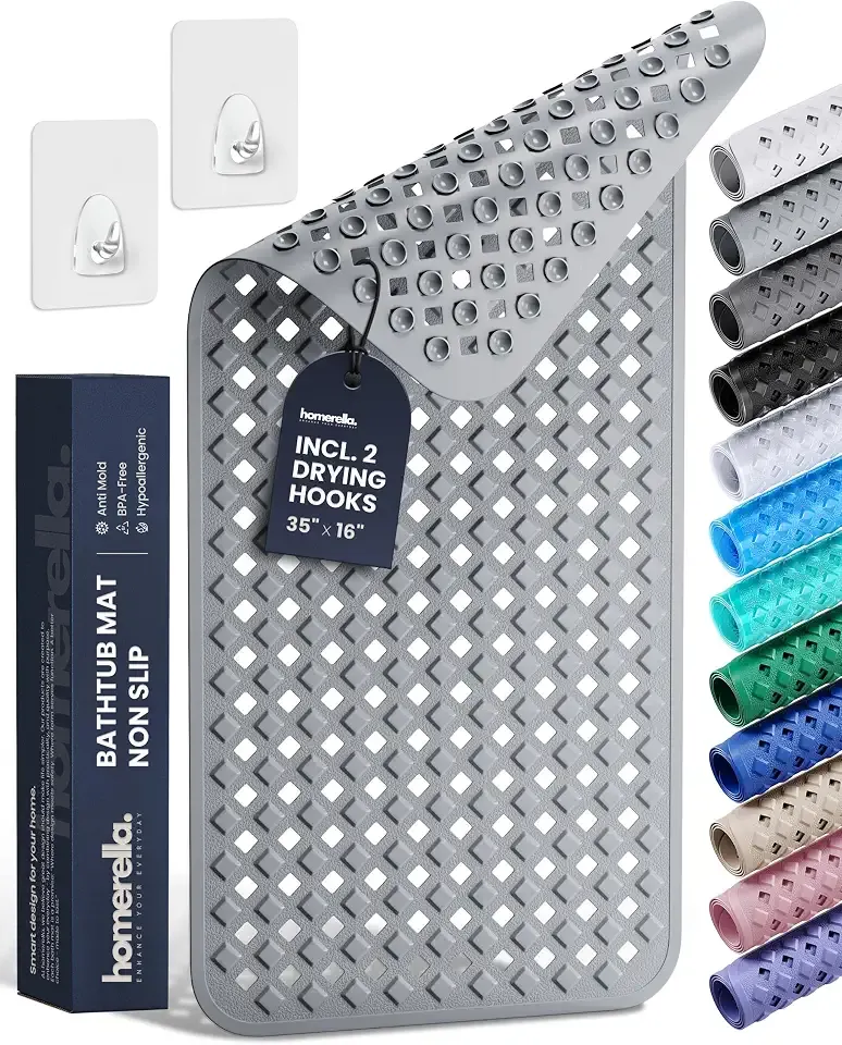 Bathtub Mat Non Slip 35x16 - homerella® Bath Mat Incl. Hooks for Drying, Extra Long, 100% BPA Free, Shower Mat Non Slip Anti Mold, Machine Washable, Shower Mats for Inside Shower Mildew Resistant