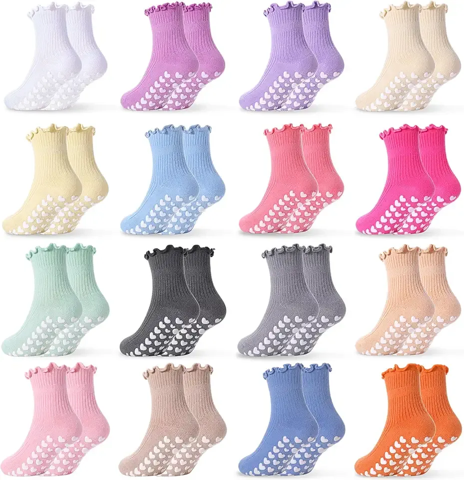 16 Pairs Baby Toddler Girls Socks with Grips Cute Ruffle Cotton Non Slip Grippy Socks for Kids Baby Toddler Girls