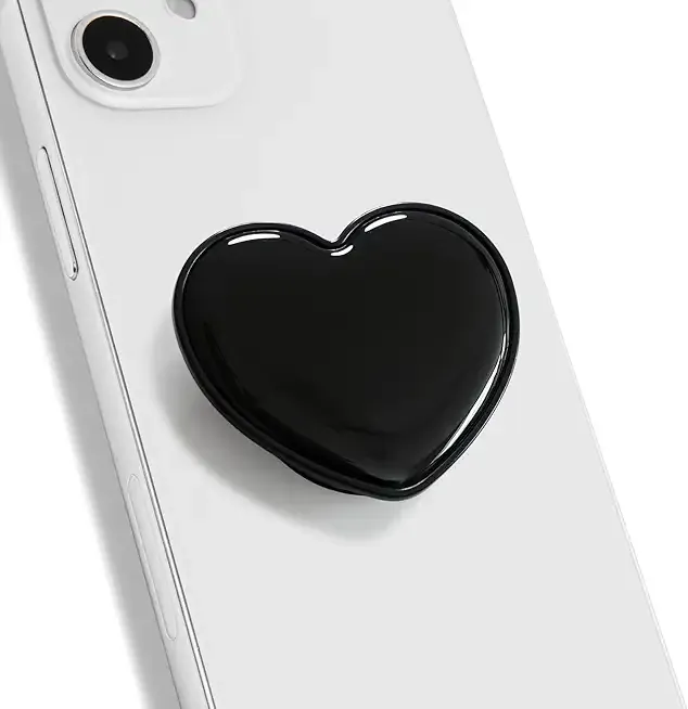 OnTheGrip Cute Solid Macaron Color Heart Shape Collapsible Mobile Phone Grip Stand Holder for Smartphone Tablet Cell Phone Accessory (Black)