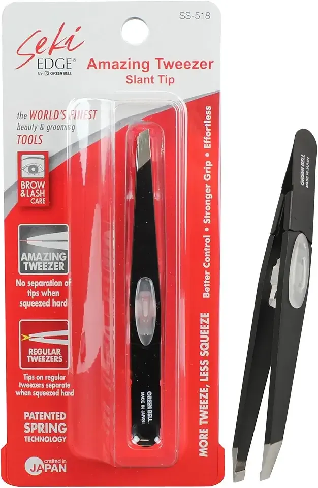 SEKI EDGE SS-518 Amazing Tweezer - Slant Tip with Tension Stopper - Stainless Steel -Black- Crafted with Patented Spring Technology for Precision and Flawless Eyebrow and Hair Removal - Made in Japan