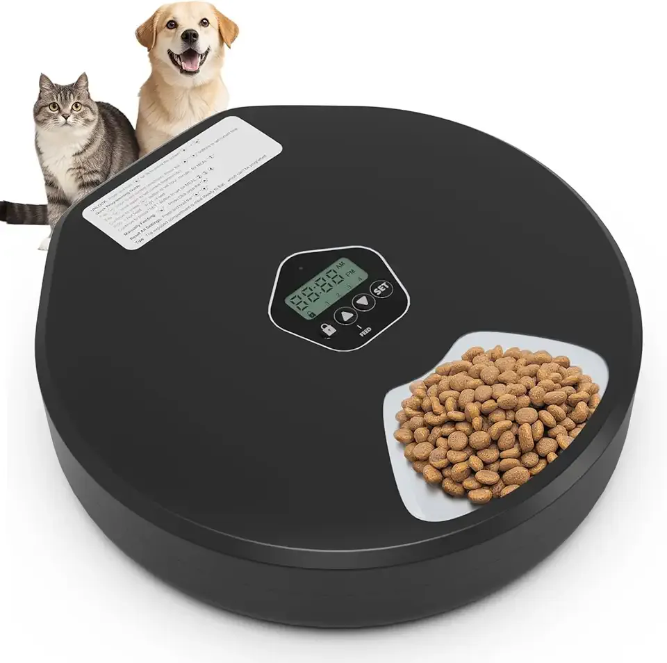 Automatic Pet Feeder for Wet & Dry Food, 5-Meal Timer Dispenser with 2 Ice Packs, Programmable Smart Feeder for Cats/Dogs – Keep Food Fresh Longer (Pet Feeder with 2 Ice Cube Tray)