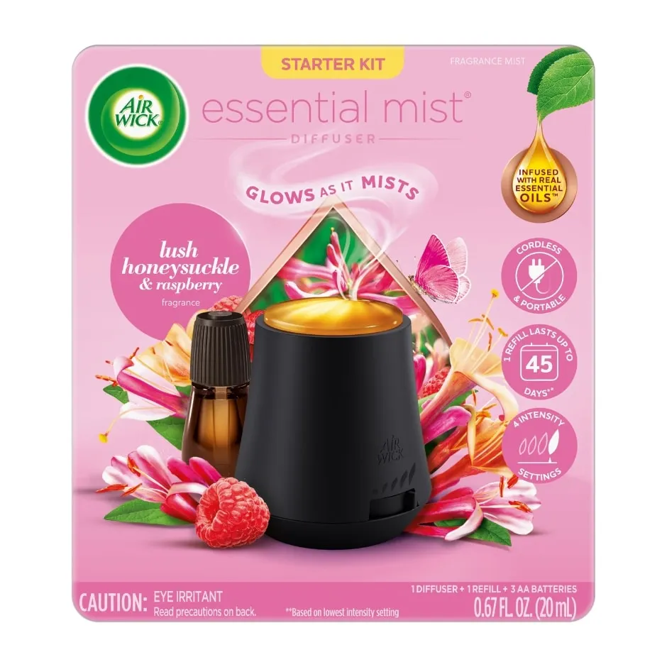 Air Wick Essential Mist Diffuser Starter Kit Lush Honeysuckle and Raspberry, 1 ct.