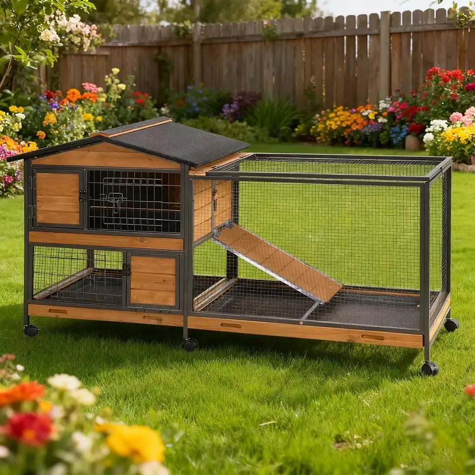 Large Rabbit Hutch Indoor with Chew-Proof Full Metal Frame, Bunny Cage Outdoor with 2-Story Guinea Pig Cages with 6 Wheels, 3 Pull-Out Trays, Waterproof Asphalt Roof, 62" L - Orange