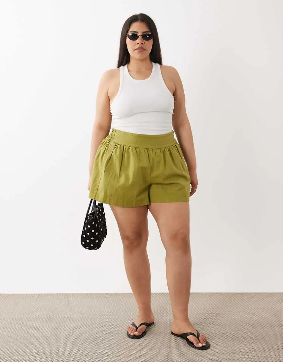 ASOS DESIGN Curve linen look pull on shorts in olive