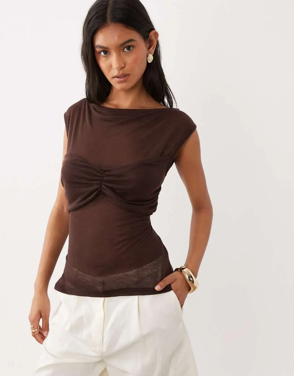 ASOS DESIGN soft semi sheer cap sleeve top with ruched bust overlay in chocolate