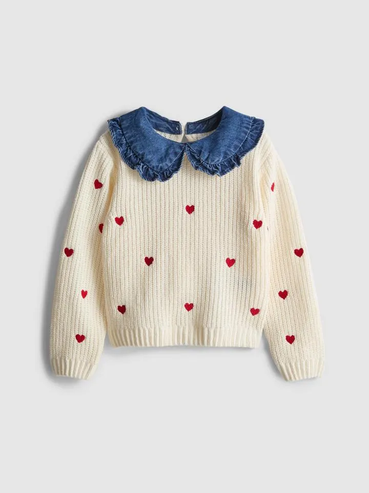 1–9 ans | Pull à col et cœurs brodés